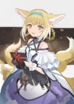  1girl animal_ears apron aqua_hairband arknights blush cloak commentary_request dress fox_ears fox_tail gift hair_rings hairband holding holding_gift infection_monitor_(arknights) looking_at_viewer multiple_tails open_mouth smile solo suzuran_(arknights) tail touchika yellow_eyes 