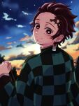  1boy bright_pupils checkered_haori closed_mouth clouds hanafuda_earrings haori highres japanese_clothes kamado_tanjirou kimetsu_no_yaiba looking_at_viewer male_focus r1014-chopper red_eyes redhead scar scar_on_face scar_on_forehead short_hair sky smile solo star_(sky) sunrise white_pupils 