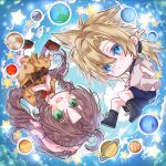  1boy 1girl aerith_gainsborough arestear0701 blonde_hair blue_eyes braid brown_hair chibi child cloud_strife earth_(planet) female_child final_fantasy final_fantasy_vii final_fantasy_vii_remake green_eyes highres male_child planet ponytail sky smile star_(sky) starry_sky 