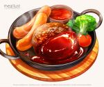  artist_name cutlet food food_focus gravy_boat haruna_macpro highres lettuce meat no_humans original plate sauce sausage simple_background sparkle tomato wooden_plate 