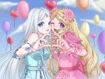  2girls ;d absurdres balloon blonde_hair blue_dress blue_eyes blue_sky blurry blurry_background braid braided_bangs cheek-to-cheek clouds doll_joints dress flower grey_hair hair_flower hair_ornament han_bingjing heads_together heart heart_hands heart_hands_duo highres hua_ling_(ye_luoli) joints kumu_zaisheng looking_at_viewer multiple_girls one_eye_closed parted_bangs pink_dress pink_flower sky smile upper_body ye_luoli 