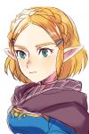  1girl aqua_eyes blonde_hair blue_tunic braid breasts brown_cape cape closed_mouth commentary_request hair_ornament hairpin hirumae looking_to_the_side medium_breasts pointy_ears princess_zelda short_hair simple_background solo the_legend_of_zelda the_legend_of_zelda:_tears_of_the_kingdom tunic upper_body white_background 