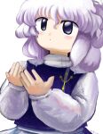  1girl cupping_hands dot_mouth hands_up highres lapel_pin letty_whiterock light_blush light_purple_hair long_sleeves looking_at_viewer medium_hair own_hands_together purple_hair purple_vest shirt simple_background solo touhou upper_body vest violet_eyes white_background white_shirt yakumora_n zun_(style) 