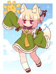  1girl animal_ears bare_shoulders bell blonde_hair blue_sky brown_collar closed_mouth clouds collar day detached_sleeves dress fox_ears fox_girl fox_tail full_body green_dress green_sleeves hair_between_eyes hair_ornament hand_on_own_hip highres jingle_bell kemomimi-chan_(naga_u) long_sleeves looking_at_viewer naga_u neck_bell necktie orange_necktie original red_footwear ribbon-trimmed_sleeves ribbon_trim sky sleeveless sleeveless_dress sleeves_past_fingers sleeves_past_wrists socks solo sparkle standing sun_symbol tail v-shaped_eyebrows violet_eyes white_socks wide_sleeves zouri 