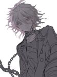  1boy ahoge chain chained closed_mouth collar danganronpa_(series) danganronpa_another_episode:_ultra_despair_girls frown hair_between_eyes hinomiya_shiyou_(ly05yy) jacket komaeda_nagito long_sleeves messy_hair metal_collar open_clothes open_jacket servant_(danganronpa) sketch solo upper_body 