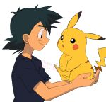  1boy ash_ketchum black_eyes black_hair black_shirt closed_mouth commentary_request eye_contact holding holding_pokemon knhrpnkt looking_at_another male_focus pikachu pokemon pokemon_(anime) pokemon_(classic_anime) pokemon_(creature) shirt short_sleeves simple_background sketch smile t-shirt twitter_username upper_body white_background 