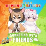  2girls animal_ears bow bowtie brown_eyes brown_hair cardigan chevrotain_(kemono_friends) commentary copyright dress english_commentary extra_ears gloves kemono_friends kemono_friends_kingdom least_weasel_(kemono_friends) looking_at_viewer multiple_girls official_art ribbon scarf short_hair simple_background weasel_ears weasel_girl white_hair 