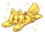  1girl animal_ear_fluff animal_ears fox_ears fox_girl fox_tail full_body gold golden_week hair_between_eyes kemomimi-chan_(naga_u) long_sleeves looking_at_viewer lying naga_u on_stomach original pleated_skirt shirt simple_background skirt sleeves_past_fingers sleeves_past_wrists solo sparkle tail thigh-highs v-shaped_eyebrows white_background 