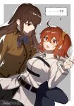  ...? 2girls ? ahoge belt blue_bow blue_bowtie border bow bowtie brown_eyes brown_hair chaldea_uniform collared_shirt commentary_request crossed_bangs fate/extra fate/grand_order fate_(series) fujimaru_ritsuka_(female) grey_background hair_ornament hair_scrunchie kishinami_hakuno_(female) long_hair long_sleeves looking_at_another meiji_ken multiple_girls on_lap open_mouth orange_eyes orange_hair outside_border pantyhose scrunchie shared_speech_bubble shirt side_ponytail simple_background speech_bubble spoken_question_mark tsukumihara_academy_uniform_(fate/extra) white_border white_shirt yellow_scrunchie yuri 
