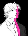 1boy absurdres black_background blonde_hair formal gssy_0 highres hunter_x_hunter looking_at_viewer male_focus necktie pariston_hill partially_colored short_hair simple_background smile solo striped_suit suit 