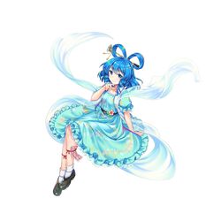  1girl black_footwear blue_dress blue_eyes blue_hair braided_hair_rings chisel closed_mouth dress drill_hair drill_sidelocks flower full_body game_cg hair_ornament hair_rings hair_stick highres kaku_seiga looking_at_viewer ofuda pink_flower rotte_(1109) shawl short_sleeves sidelocks simple_background smile socks solo third-party_source touhou touhou_lost_word vest white_background white_socks white_vest 