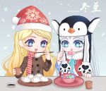  2girls :d blonde_hair blue_hair braid braided_bangs bright_pupils brown_coat chinese_text chopsticks cloak coat cup curly_hair dated dumpling eating food fur-trimmed_cloak fur_trim grey_background grey_hair han_bingjing hat highres holding holding_chopsticks holding_cup holding_spoon hua_ling_(ye_luoli) jiaozi kumu_zaisheng looking_down multiple_girls penguin_hat plate red_cloak santa_hat smile snowflake_background spoon tangyuan triangle_mouth upper_body white_pupils ye_luoli 