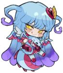  1girl :q akaimo_(akaimokou) blue_hair blush chibi closed_mouth dragon_tail dress gradient_hair hair_ornament heart heart_hair_ornament lobotomy_corporation long_hair lowres multicolored_hair pink_dress project_moon purple_hair queen_of_hatred simple_background smile solo tail tongue tongue_out two_side_up very_long_hair white_background wings yellow_eyes 