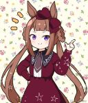 1girl animal_ears bow braid brown_background brown_hair closed_mouth collared_dress commentary_request dress floral_background hair_bow hair_rings hand_on_own_hip hand_up horse_ears horse_girl horse_tail index_finger_raised long_hair long_sleeves mitya notice_lines puffy_long_sleeves puffy_sleeves purple_bow purple_dress smile solo sweep_tosho_(umamusume) tail twin_braids twintails umamusume very_long_hair violet_eyes
