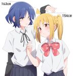  2girls ahoge arm_at_side arm_up black_ribbon black_shirt black_skirt blonde_hair blue_hair blush bocchi_the_rock! bow closed_mouth collared_shirt commentary cowboy_shot detached_ahoge eito12 hand_on_another&#039;s_chest hand_up height_difference highres ijichi_nijika layered_clothes layered_sleeves long_hair long_sleeves looking_at_another mole mole_under_eye multiple_girls neck_ribbon pleated_skirt red_bow red_eyes ribbon school_uniform shimokitazawa_high_school_uniform shirt shirt_tucked_in short_hair short_over_long_sleeves short_sleeves side_ponytail sidelocks simple_background skirt smile standing sweatdrop white_background white_shirt yamada_ryo yellow_eyes 