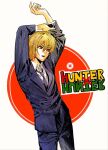  1other androgynous black_suit blonde_hair cowboy_shot crystal_earrings earrings formal highres hunter_x_hunter jewelry kurapika long_sleeves magunmilk necktie red_eyes shirt short_hair simple_background solo suit title white_shirt 