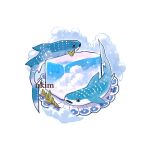  2others artist_name blue_sky clouds cloudy_sky fish floating ice ice_cube mint multiple_others nadia_kim no_humans open_mouth original shark simple_background sky star_(sky) starry_sky white_background 