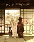  1girl 2boys architecture black_kimono branch cat east_asian_architecture english_commentary floral_print flower furry hakama hakama_pants holding holding_flower indoors japanese_clothes kimono multiple_boys nadia_kim original pants petals pink_kimono smile standing vase whiskers wide_sleeves 