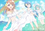  3girls aqua_eyes aqua_hair arm_at_side bare_shoulders beach blue_eyes blue_hair blue_sky bow braid brown_hair caustics clouds cloudy_sky collarbone day dot_nose dutch_angle eyelashes floating_hair flower flower_necklace frills grey_eyes hair_flower hair_ornament halterneck hanasato_minori hand_up happy hat hatsune_miku highres jewelry kiritani_haruka leaf light_blush long_hair looking_afar looking_at_another looking_back medium_hair more_more_jump!_(project_sekai) more_more_jump!_miku mountainous_horizon multiple_girls navel neck_ring necklace off_shoulder official_art open_mouth outdoors petals plumeria project_sekai rainbow sarong sarong_hold shading_eyes short_hair signature sky stomach stuffed_animal stuffed_penguin stuffed_toy sun_hat sunglasses swept_bangs swimsuit twintails vocaloid wading waist_bow water white-framed_eyewear white_bow white_flower white_headwear white_sarong wogura wrist_cuffs 
