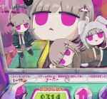  1girl animal_hood black_jacket black_thighhighs brown_hair brown_jacket brown_skirt character_doll closed_mouth crane_game danganronpa:_trigger_happy_havoc danganronpa_(series) danganronpa_2:_goodbye_despair danganronpa_3_(anime) enoshima_junko famima_de_neppuri galaga hair_ornament highres hood hope&#039;s_peak_academy_school_uniform jacket medium_hair miniskirt nanami_chiaki neck_ribbon open_clothes open_jacket open_mouth pink_eyes pink_footwear pleated_skirt pov rabbit_hood red_nails ribbon school_uniform shoes skirt tears thigh-highs translation_request triangle_mouth 