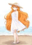  1girl beach bow closed_mouth dress freckles full_body green_eyes hat hat_bow highres ishmael_(limbus_company) limbus_company long_hair looking_at_viewer love_mintchoco orange_hair project_moon sand sandals sleeveless sleeveless_dress solo straw_hat sundress very_long_hair water white_bow white_dress 