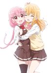  2girls black_thighhighs blonde_hair blush closed_eyes comic_girls dot_nose hair_ornament highres hug koizuka_koyume long_hair moeta_kaoruko multiple_girls open_mouth pink_eyes pink_hair school_uniform simple_background standing thigh-highs warukusu white_background x_hair_ornament 