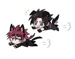  2boys animal_ears annoyed armor black_footwear black_fur black_gloves black_hair black_pants black_suit boots cat_ears cat_tail chibi dog_boy dog_ears dog_tail earrings eyewear_on_head facial_mark final_fantasy final_fantasy_vii fingerless_gloves gloves goggles goggles_on_head green_eyes happy jewelry large_belt leather_belt long_hair male_focus messy_hair multiple_boys open_mouth pants pauldrons ponytail redhead reno_(ff7) short_hair shoulder_armor smile suit tail ttnoooo zack_fair 