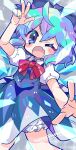  1girl bloomers blue_bow blue_dress blue_eyes blue_hair blue_nails blush bow cirno collared_shirt dress fairy fang feet_out_of_frame fingernails hair_between_eyes hair_bow harunori_(hrnrx) ice ice_wings nail_polish one_eye_closed open_mouth puffy_short_sleeves puffy_sleeves shirt short_hair short_sleeves skin_fang solo touhou twitter_username underwear white_bloomers white_shirt wings 