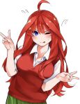  1girl ;p ahoge blue_eyes blush breasts closed_mouth collared_shirt commentary_request double_v embarrassed fingernails flying_sweatdrops go-toubun_no_hanayome hair_ornament head_tilt highres large_breasts long_hair looking_at_viewer mame1645 miniskirt nakano_itsuki one_eye_closed pleated_skirt red_sweater_vest redhead school_uniform shirt short_sleeves sidelocks simple_background skirt smile solo star_(symbol) star_hair_ornament straight-on sweat sweater_vest tongue tongue_out upper_body v v-shaped_eyebrows very_long_hair w_arms wavy_hair white_background white_shirt 