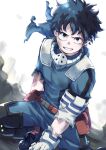  1boy absurdres belt belt_pouch bodysuit boku_no_hero_academia bruise dark_green_hair freckles gloves green_bodysuit highres injury knee_up looking_at_viewer male_focus mask mask_removed midoriya_izuku parted_lips pouch r1014-chopper shoes sky sneakers solo teeth torn_clothes white_gloves white_sky 