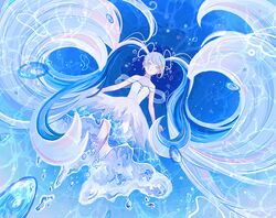  1girl air_bubble artist_name blue_eyes blue_hair blush bubble dress hatsune_miku highres ivelovedsekaowa long_hair sleeveless sleeveless_dress star_(symbol) submerged twintails very_long_hair vocaloid water water_drop water_elemental white_dress 