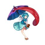  1girl blue_eyes blue_hair blue_skirt blue_vest brown_footwear full_body game_cg geta heterochromia highres holding holding_umbrella juliet_sleeves karakasa_obake long_sleeves looking_at_viewer puffy_sleeves purple_umbrella red_eyes rotte_(1109) shirt short_hair simple_background skirt solo tatara_kogasa third-party_source tongue touhou touhou_lost_word umbrella vest white_background white_shirt 