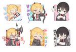  1girl 2boys animalization arrow_(projectile) axe black_coat black_hair black_jacket black_vest blonde_hair bow_(weapon) burger coat collared_shirt crying don_quixote_(limbus_company) food holding holding_axe holding_bow_(weapon) holding_food holding_weapon ishmael_(limbus_company) jacket limbus_company love_mintchoco multiple_boys multiple_views necktie octopus project_moon red_necktie shirt short_hair simple_background sinclair_(limbus_company) snapping_fingers speech_bubble vest weapon white_background white_shirt yellow_eyes yi-sang_(limbus_company) 