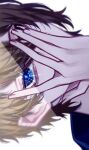  1boy blonde_hair blue_eyes commentary hair_between_eyes highres hoshino_aquamarine iwori_1412 looking_at_viewer male_focus oshi_no_ko peeking_through_fingers portrait shade short_hair sideways simple_background solo star-shaped_pupils star_(symbol) symbol-shaped_pupils variant_set white_background 