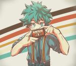  1boy absurdres artist_name boku_no_hero_academia bunnnyui cassette_tape covered_mouth english_commentary english_text freckles green_eyes green_hair highres holding long_sleeves looking_at_viewer male_focus midoriya_izuku necktie scar scar_on_hand school_uniform shirt short_hair simple_background solo spiky_hair u.a._school_uniform 