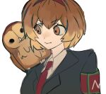  1girl animal_on_shoulder black_suit blonde_hair bob_cut brown_eyes brown_hair closed_mouth collared_jacket collared_shirt commentary_request eyelashes gradient_hair hairband highres korean_commentary lc_lor_yesssod letter lobotomy_corporation looking_at_animal malkuth_(project_moon) multicolored_hair necktie project_moon red_armband red_hairband red_necktie shirt short_hair sketch smile suit upper_body v-shaped_eyebrows white_background white_shirt 