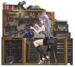  1girl artist_name bandaid bandaid_on_arm black_shorts clamps cutoffs grey_hair grey_tank_top gun handgun hat highres kneehighs mallet military_hat multicolored_hair original pliers repairing rifle rosetta(obsidian117) shorts socks stirrup_legwear streaked_hair tank_top toeless_legwear toolbox weapon weapon_request workshop 