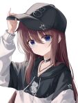  1girl absurdres adjusting_clothes adjusting_headwear baseball_cap black_choker black_headwear black_hoodie blue_eyes brown_hair character_print choker embarrassed hat highres hololive hood hoodie jewelry light_blush long_hair necklace nun_nun_(tokino_sora) o-ring o-ring_choker official_alternate_costume siisii0630 simple_background solo star_(symbol) star_necklace tokino_sora tokino_sora_(6th_costume) two-tone_hoodie upper_body virtual_youtuber white_background white_hoodie 