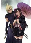  1boy 1girl black_gloves black_hair black_kimono black_thighhighs blonde_hair blue_eyes closed_mouth cloud_strife commentary cowboy_shot elbow_gloves english_commentary final_fantasy final_fantasy_vii final_fantasy_vii_ever_crisis final_fantasy_vii_remake flower gloves hair_behind_ear hair_flower hair_ornament hakama hakama_pants hand_on_another&#039;s_shoulder highres holding holding_sword holding_umbrella holding_weapon japanese_clothes katana kimono long_hair long_sleeves looking_at_another obi official_alternate_costume oil-paper_umbrella pants pudelmudel rain red_eyes red_flower red_lips samurai sash sheath sheathed short_kimono single_sidelock spiky_hair swept_bangs sword thigh-highs tifa_lockhart tifa_lockhart&#039;s_exotic_dress turtleneck umbrella weapon wide_sleeves zettai_ryouiki 