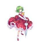  1girl ascot breasts closed_mouth collared_shirt colored_eyelashes frilled_skirt frills full_body game_cg green_hair highres kazami_yuuka looking_at_viewer plaid plaid_skirt plaid_vest red_eyes red_footwear red_skirt red_vest rotte_(1109) shirt short_hair simple_background skirt smile socks solo third-party_source touhou touhou_lost_word umbrella vest white_background white_shirt white_socks white_umbrella yellow_ascot 