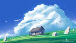  absurdres artist_name blue_sky building clouds cloudy_sky grass grasslands highres house line4x no_humans original outdoors power_lines rock scenery sky utility_pole 