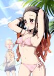 1boy 1girl absurdres agatsuma_zenitsu bikini black_hair blonde_hair blood breasts forehead gotouge_koyoharu_(style) hetero highres innertube kamado_nezuko kimetsu_no_yaiba long_hair male_swimwear medium_breasts mouth_hold multicolored_hair nosebleed open_clothes open_shirt orange_hair pink_bikini pink_eyes pink_ribbon pori_(kmt_pori) ribbon shirt swimsuit very_long_hair yellow_shirt