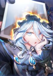  1girl absurdres asymmetrical_gloves black_gloves blue_dress blue_eyes blue_hair burning commentary dress foreshortening furina_(genshin_impact) genshin_impact gloves highres long_sleeves medium_hair misyune open_mouth photo_(object) sidelocks solo tiara white_gloves 