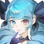  1girl black_bow black_gloves blue_eyes bow closed_mouth drill_hair gloves green_hair gwen_(league_of_legends) hair_bow hand_up heterochromia highres league_of_legends long_hair portrait red_eyes saikayo smile solo twin_drills twintails 