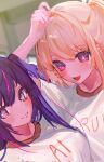  2girls :d blonde_hair blush breasts commentary dutch_angle english_commentary hair_between_eyes highres hoshino_ai_(oshi_no_ko) hoshino_ruby kyoukaraa long_hair looking_at_viewer mismatched_pupils mother_and_daughter multicolored_hair multiple_girls no_pupils one_side_up open_mouth oshi_no_ko pink_hair purple_hair shirt sidelocks smile star-shaped_pupils star_(symbol) streaked_hair symbol-shaped_pupils unfinished upper_body violet_eyes white_shirt 