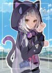  1girl absurdres animal_hood blue_sky blunt_bangs blush cat_hood cat_tail clouds grey_hair headphones headphones_around_neck highres hololive hood long_hair looking_at_viewer m_i_o_spring murasaki_shion murasaki_shion_(7th_costume) paw_pose purple_hood sidelocks sky solo tail virtual_youtuber yellow_eyes 