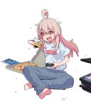 1girl ahoge barefoot collarbone controller eating food genderswap genderswap_(mtf) highres holding holding_controller holding_food long_hair nunvora onii-chan_wa_oshimai! orange_eyes oyama_mahiro pants pink_hair pizza pizza_box pizza_slice playing_games playstation_controller shirt sitting snack solo t-shirt