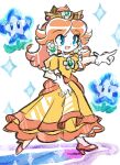  1girl absurdres blue_eyes commentary_request crown dress earrings flower_earrings full_body gloves high_heels highres jewelry long_dress open_mouth orange_footwear orange_hair princess_daisy puffy_short_sleeves puffy_sleeves rakugaki_shitagari-ya short_sleeves skirt_hold smile solo super_mario_bros. super_mario_bros._wonder white_gloves yellow_dress 