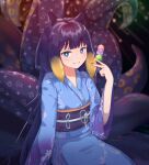  1girl blue_kimono blurry commentary english_commentary floral_print food highres hololive hololive_english japanese_clothes kimono long_hair multicolored_hair ninomae_ina&#039;nis obi orange_hair purple_hair sash sitting smile solo taiyo_sketches takodachi_(ninomae_ina&#039;nis) takoyaki tentacle_hair tentacles two-tone_hair very_long_hair virtual_youtuber wide_sleeves 