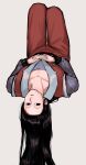  1boy black_eyes black_hair collarbone expressionless highres hunter_x_hunter illumi_zoldyck long_hair long_sleeves looking_at_viewer male_focus oh_myowa666 pin simple_background solo upside-down white_background 
